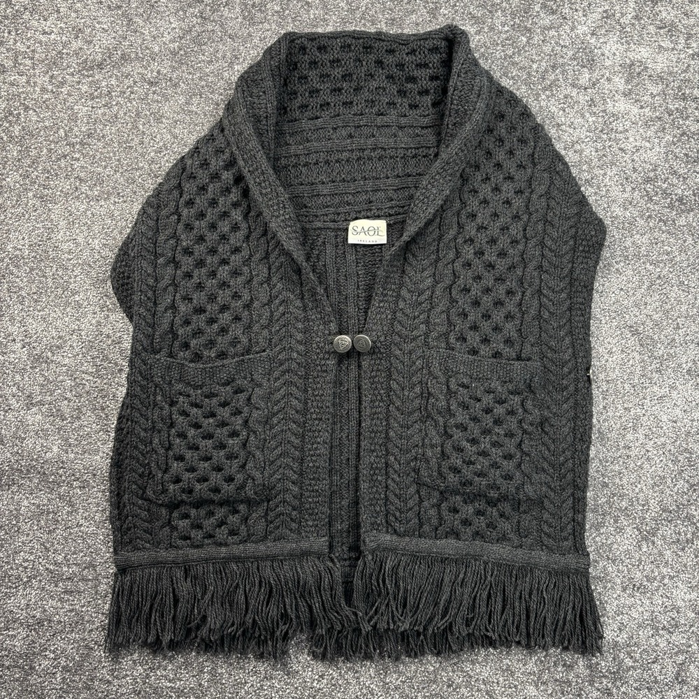 SAOL Ireland Shawl Irish Cape 100% Merino Wool Aran Knit Cardigan Vest Black New